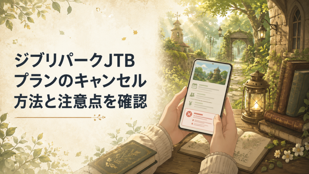 スマートフォンでジブリパークJTBプランの予約内容とキャンセル条件を確認する旅行者の手元