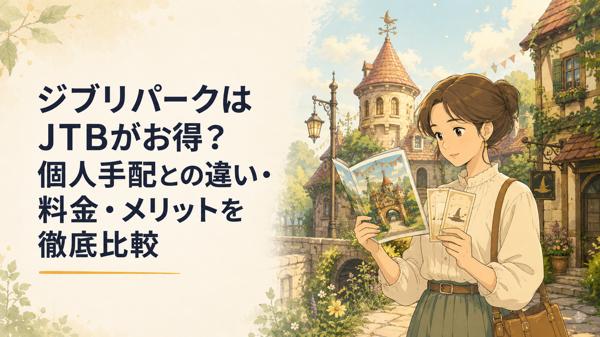 ジブリパークの魔女の谷を背景に、旅行プランのパンフレットとチケットを見比べる女性のイラスト