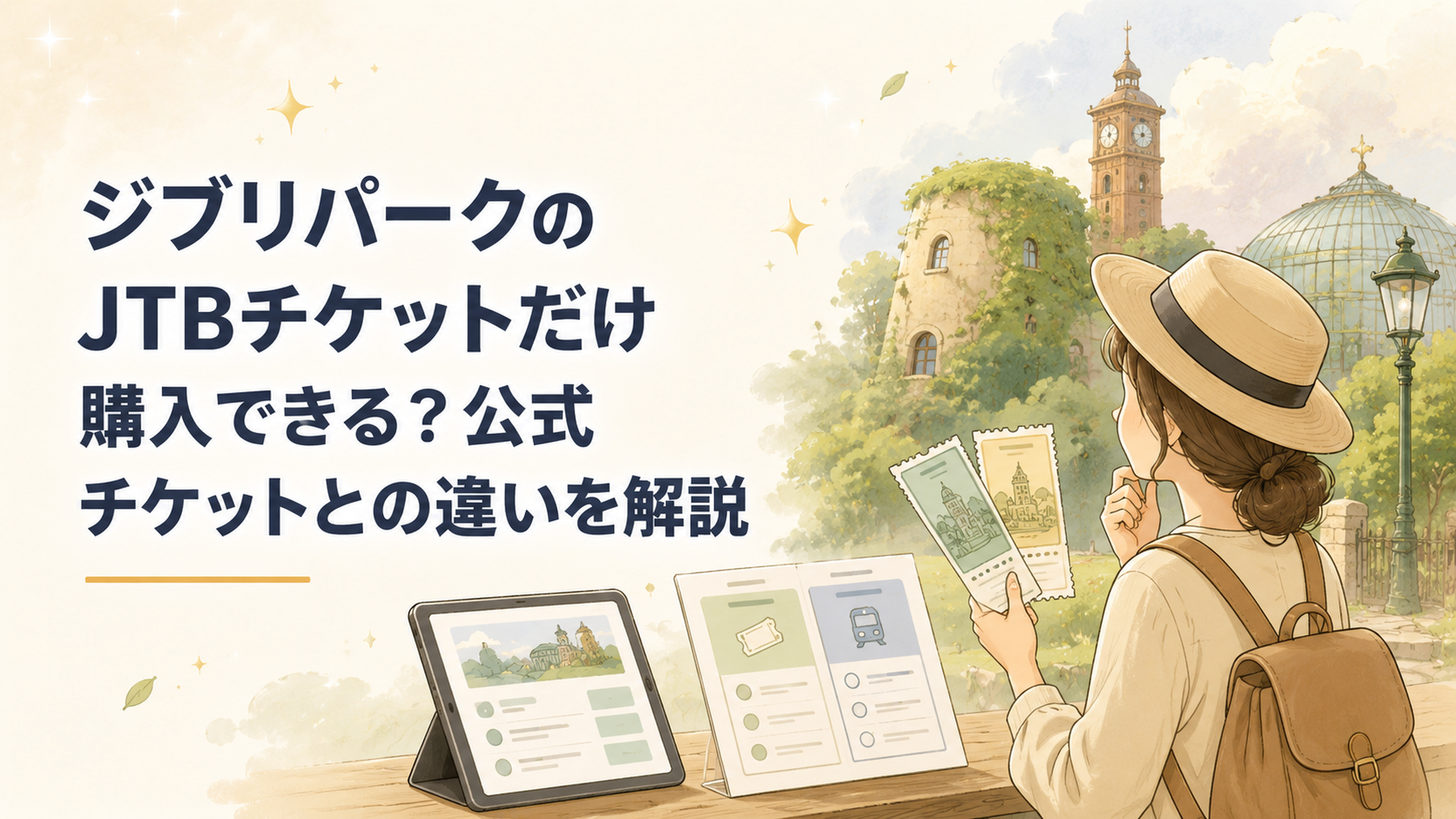 ジブリパークのチケットを手に、公式サイトとJTBのプランを見比べながら悩む旅行者のイメージ