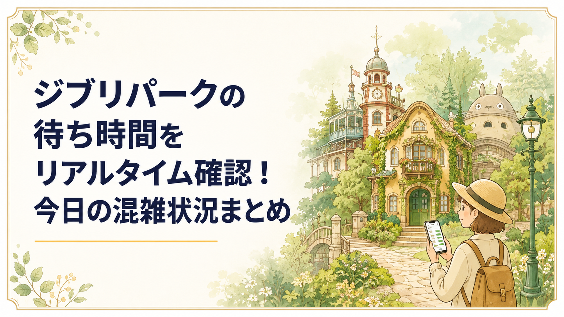 愛・地球博記念公園の緑の中に佇むジブリパークの建物と、スマートフォンで待ち時間を確認する来園者のやさしい情景