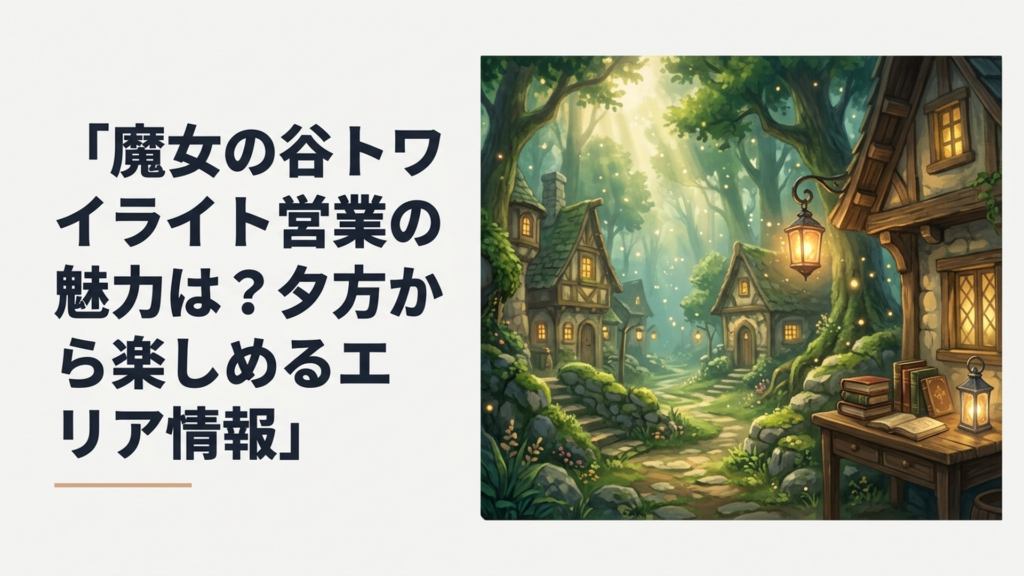 夕暮れの魔女の谷で街並みと建物に灯りがともる幻想的な風景