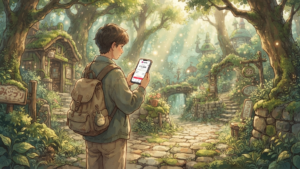 ジブリパークを散策しながらスマートフォンのPayPay画面とバッテリー残量を確認する来園者