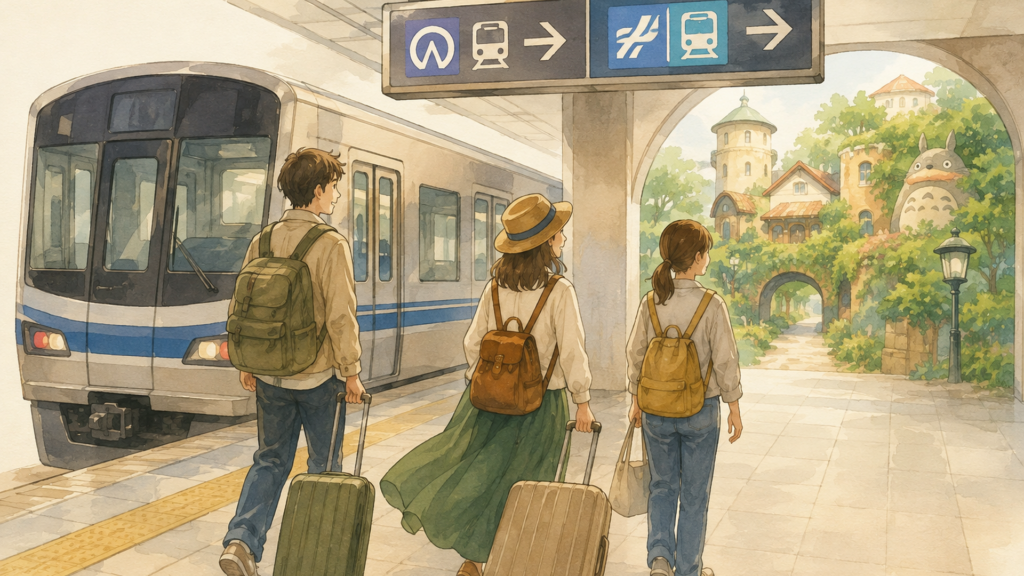 名古屋駅から地下鉄やあおなみ線でジブリパークへ向かう旅行者たちのイメージ