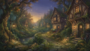夕暮れの魔女の谷で石畳と建物の窓に明かりがともり始める幻想的な風景